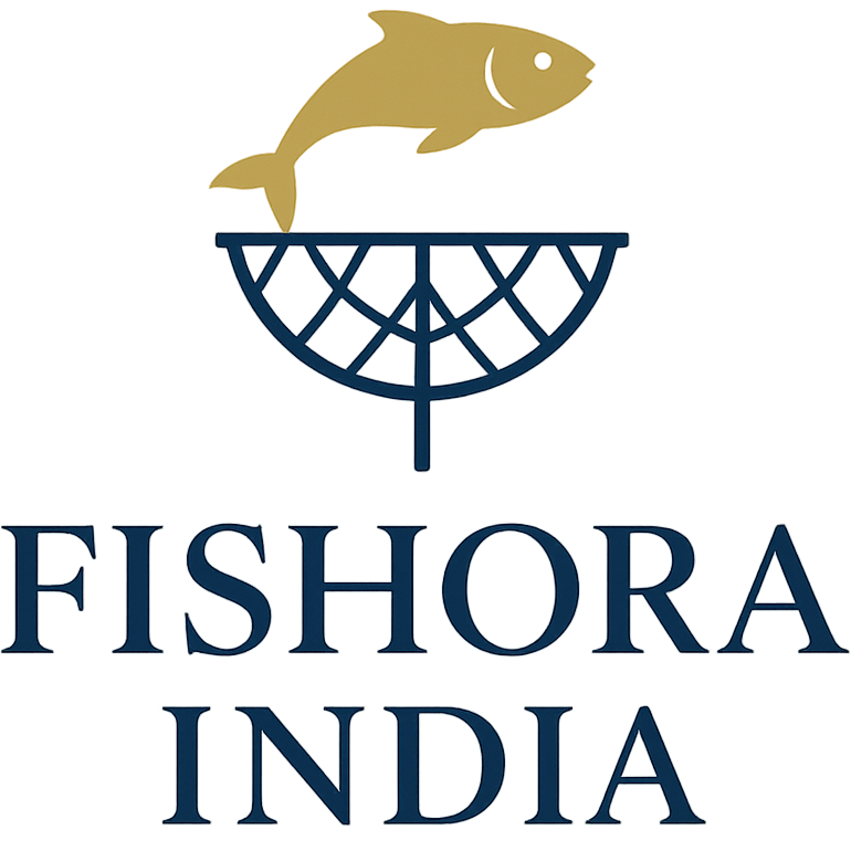 Logo of Fishora India with a fish and fishing net design on a white background